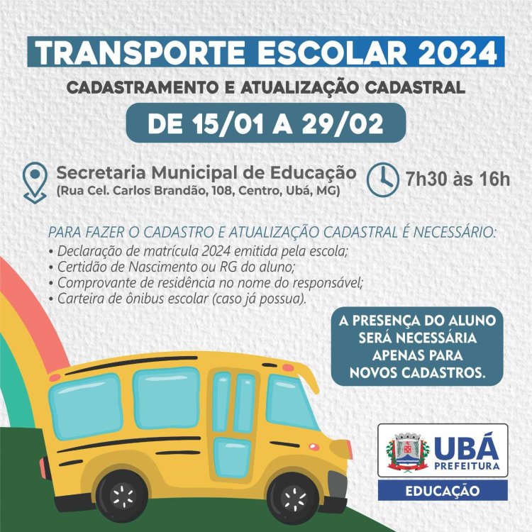 Cadastramento do Transporte Escolar 2024 começa em 15 de janeiro