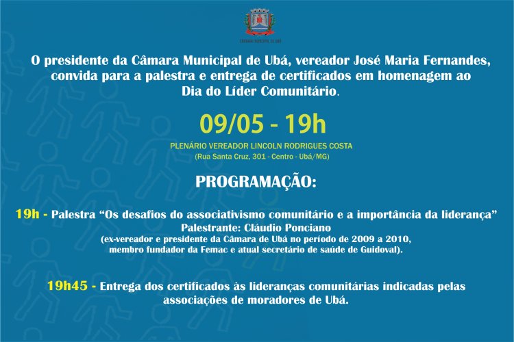 Poder Legislativo celebra o Dia do Líder Comunitário em 09 de maio